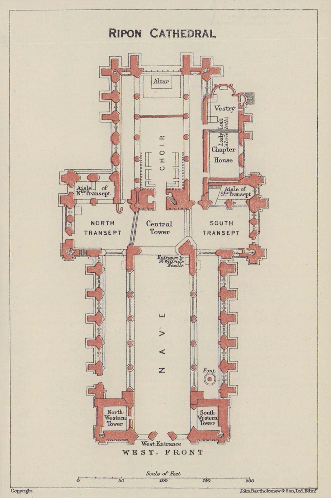 Ripon Cathedral ground floor plan. Yorkshire 1920 old antique map chart